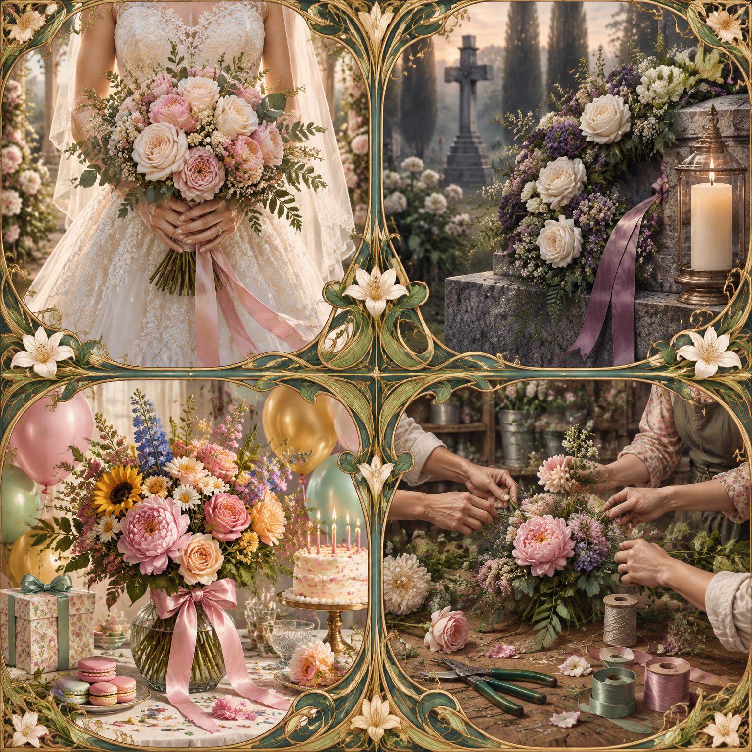 Vier Anlässe, durch Jugendstil-Ranken geteilt: Hochzeit, Begräbnis, Geburtstag und Workshop