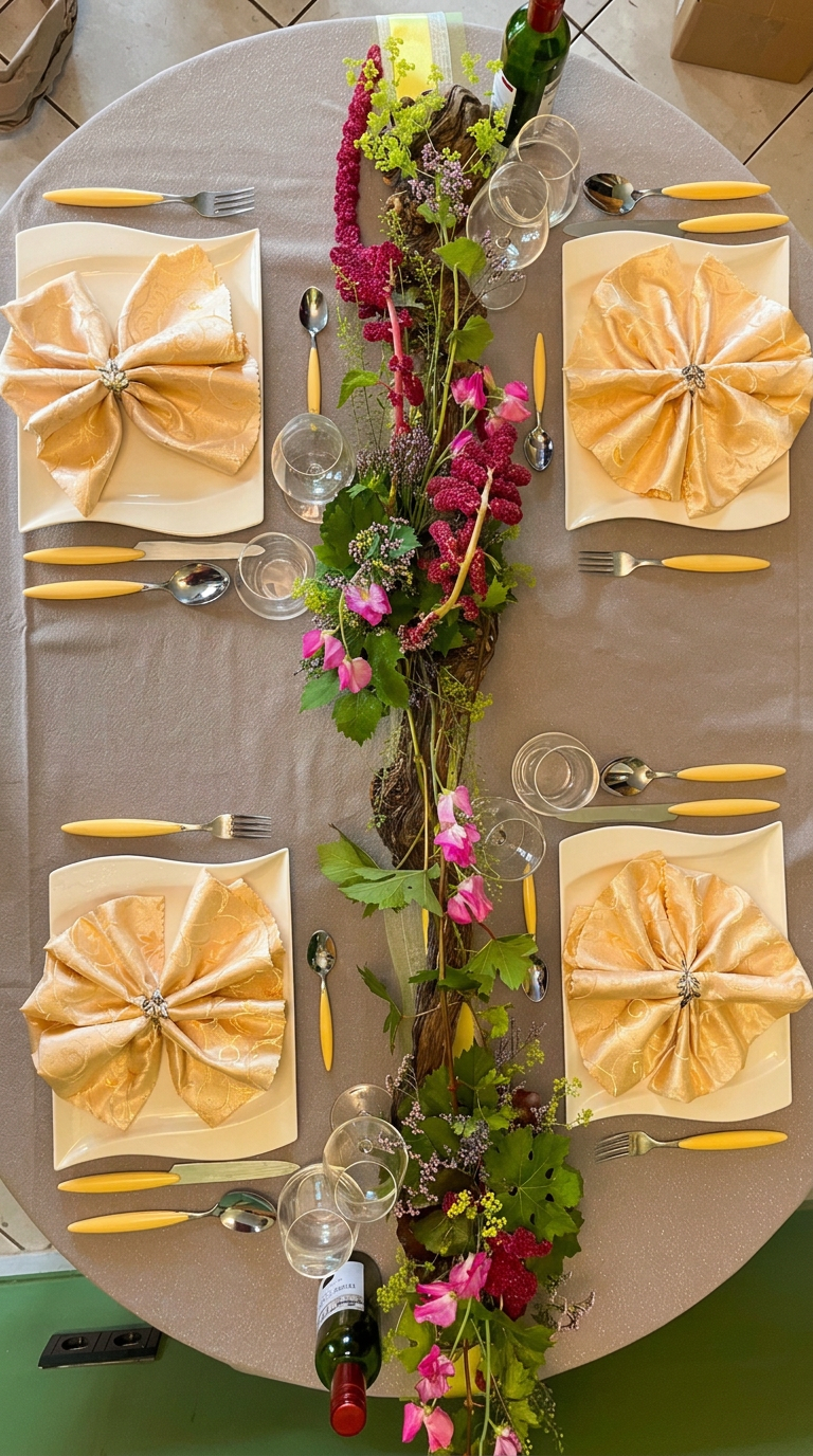 Hochzeitstisch mit floraler Weinrankengestaltung aus der Vogelperspektive