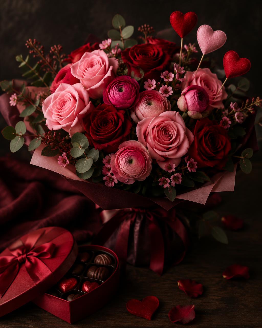 Valentinsstrauß mit Rosen, Ranunkeln und Filzherzen