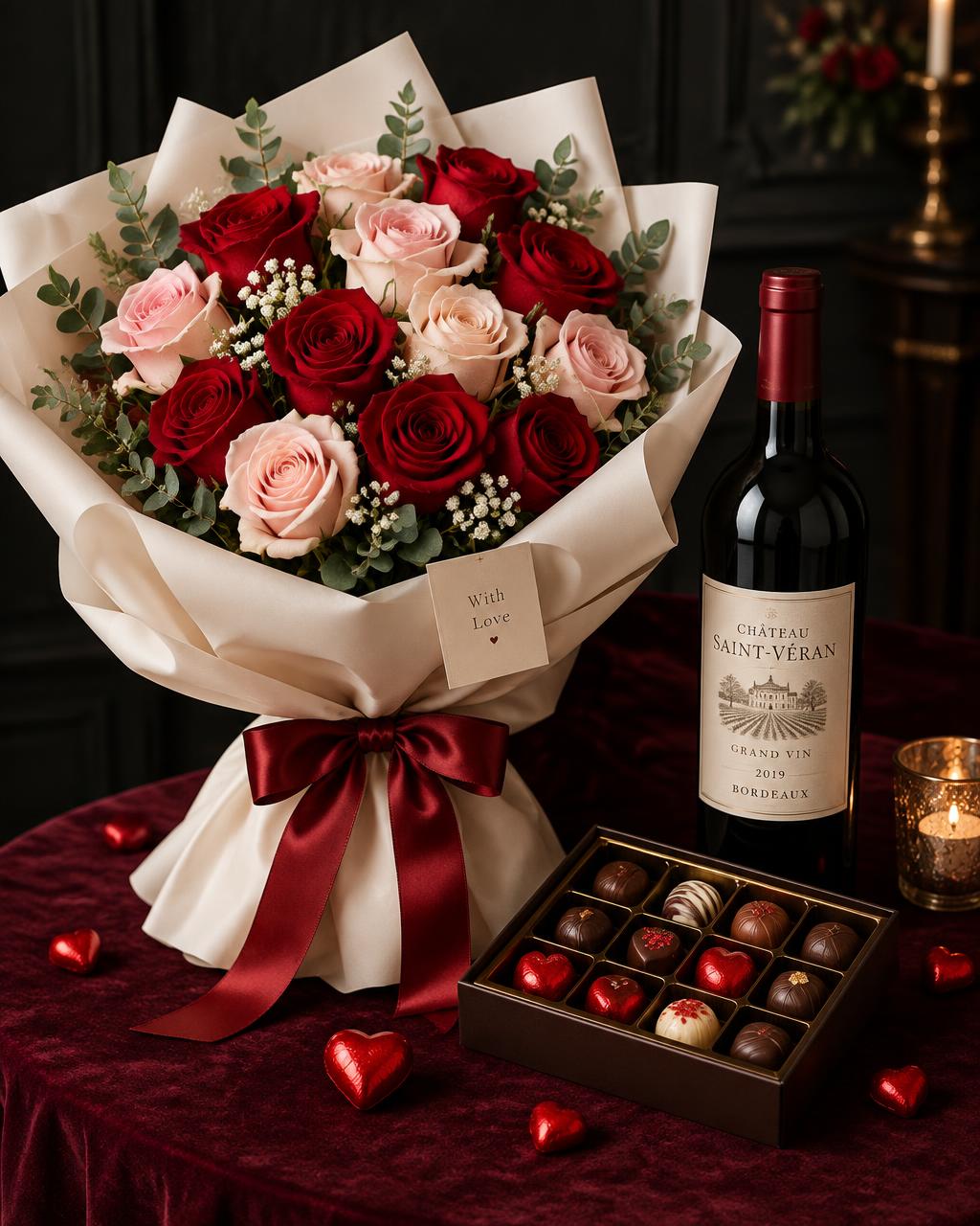 Romantischer Rosenstrauß mit Pralinen und Rotwein