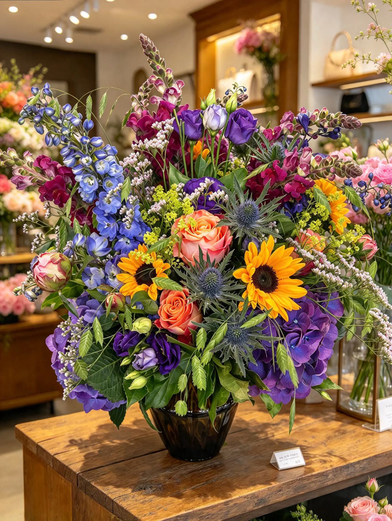 Farbenfroher Wiesenstrauß mit Sonnenblumen und violetten Blüten